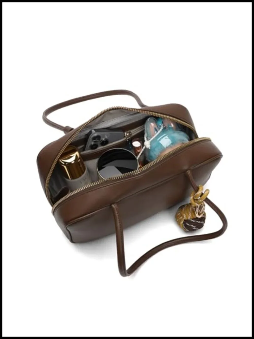 Vegan Leather Retro Shoulder Bag with Decorative Pendant, Compact Top-Handle